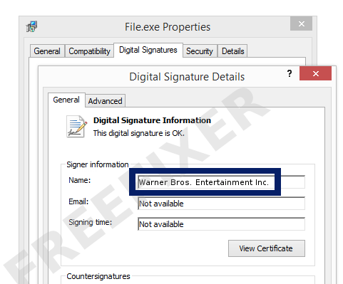 Screenshot of the Warner Bros. Entertainment Inc. certificate
